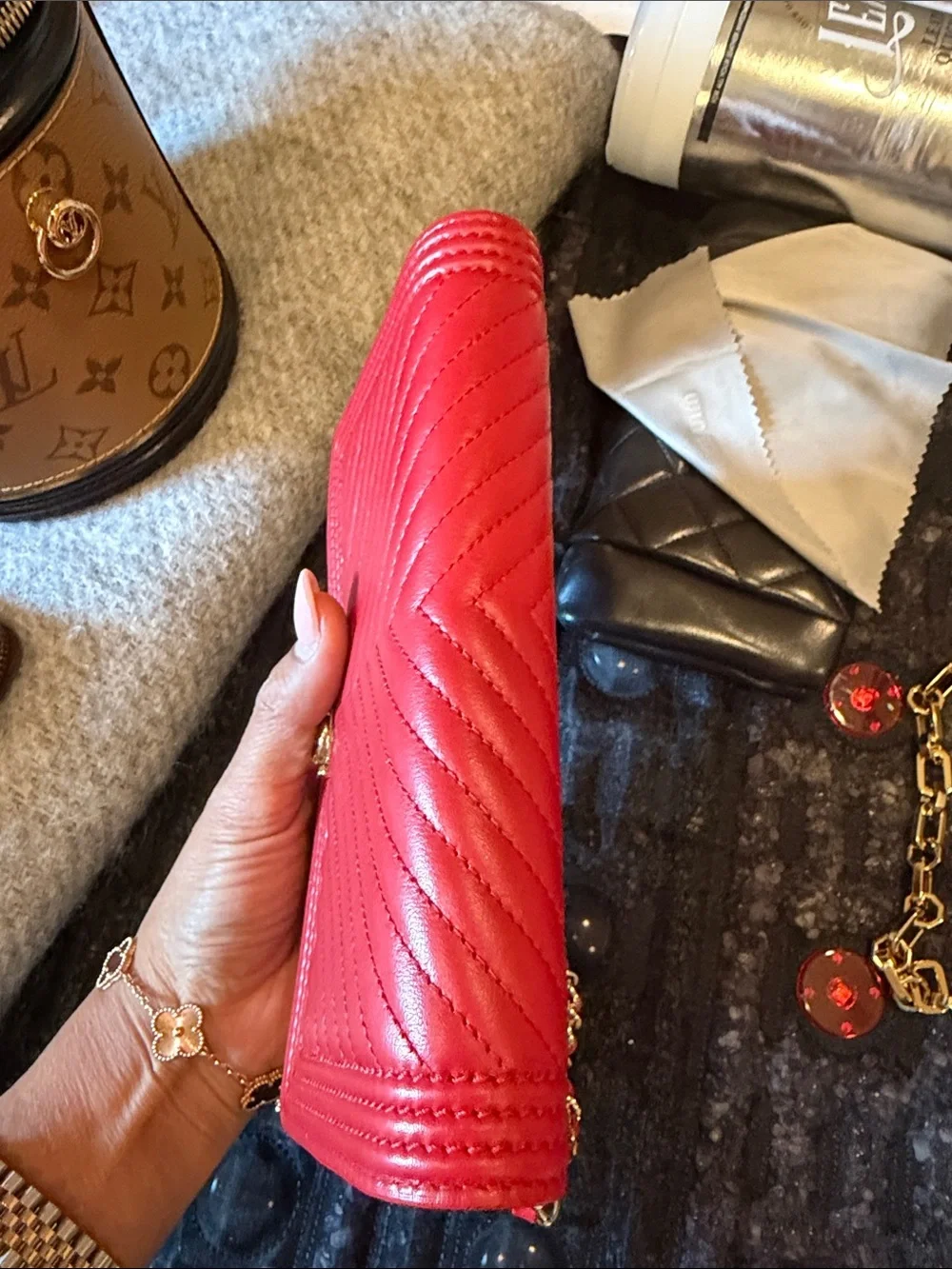 CHANEL Red Chevron Quilted Leather Crossbody with Gold Chain